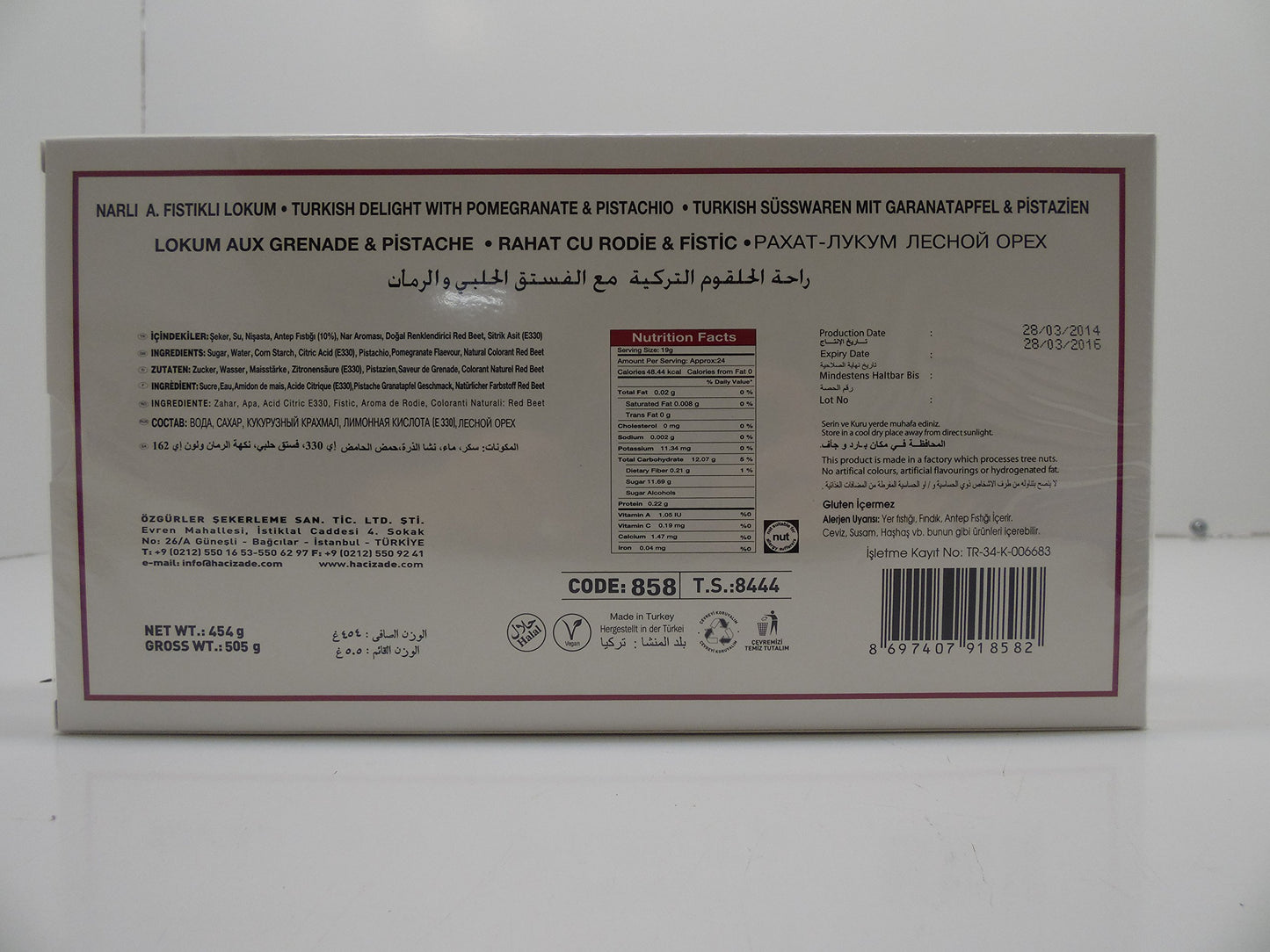Hacizade Turkish Delight W Pomegranate & Pistachio 16 oz, Narli-Fistikli Lokum