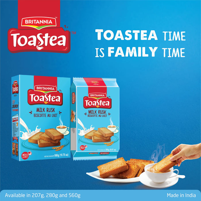 BRITANNIA Toastea Milk Rusk 9.87oz (280g) - Biscotte Au Lait - Crispy, Crunchy Tea Moments - Breakfast & Tea Time Snacks - Halal and Suitable for Vegetarians (Pack of 12)