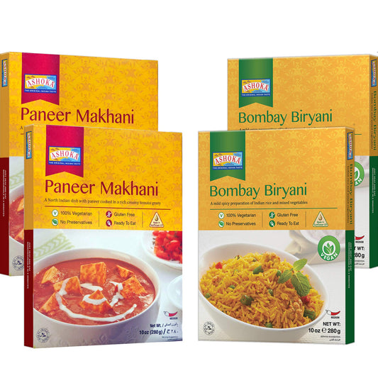 Ashoka - RTE (Combo #1) Paneer Makhani & Bombay Biryani (4 Pack) 10oz x 4, Ready to Eat Meals