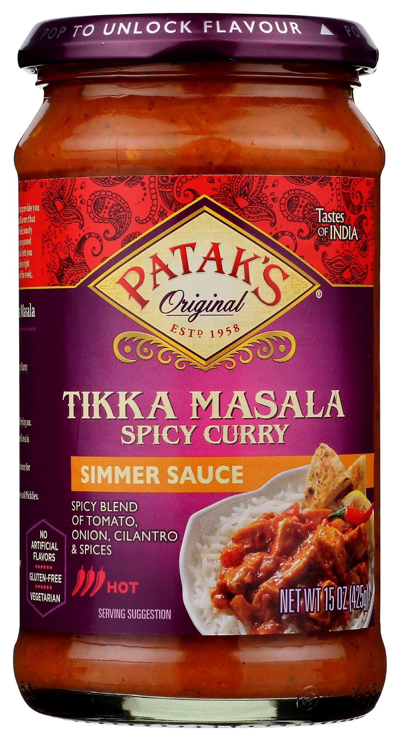 Patak's Spicy Tikka Masala Simmer Sauce - 15 Oz (Pack of 3) With Tomato, Onion, Cilantro, and Spices, No Artificial Flavors or Preservatives, Gluten Free, Vegetarian Friendly