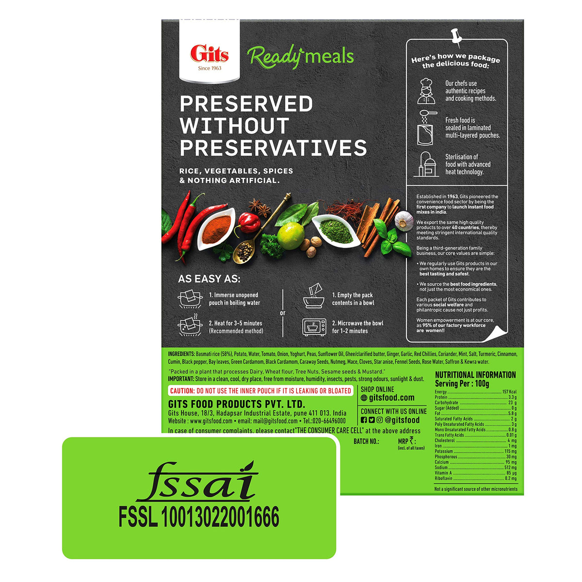 Gits Ready to Eat Veg Biryani, 795g (Pack of 3 X 265g Each)