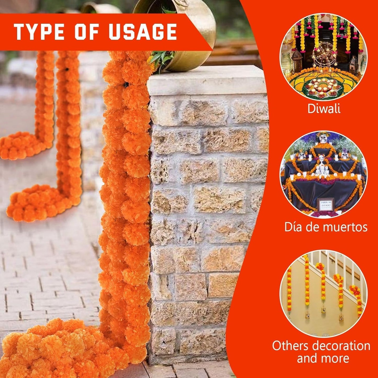 5Pcs Marigold Garland for Decoration, 5 Feet Artificial Marigold Flowers Diwali Decorations for Home, Orange Artificial Marigold Heads for Diwali Party,Indian Weddings, Halloween,Wreath