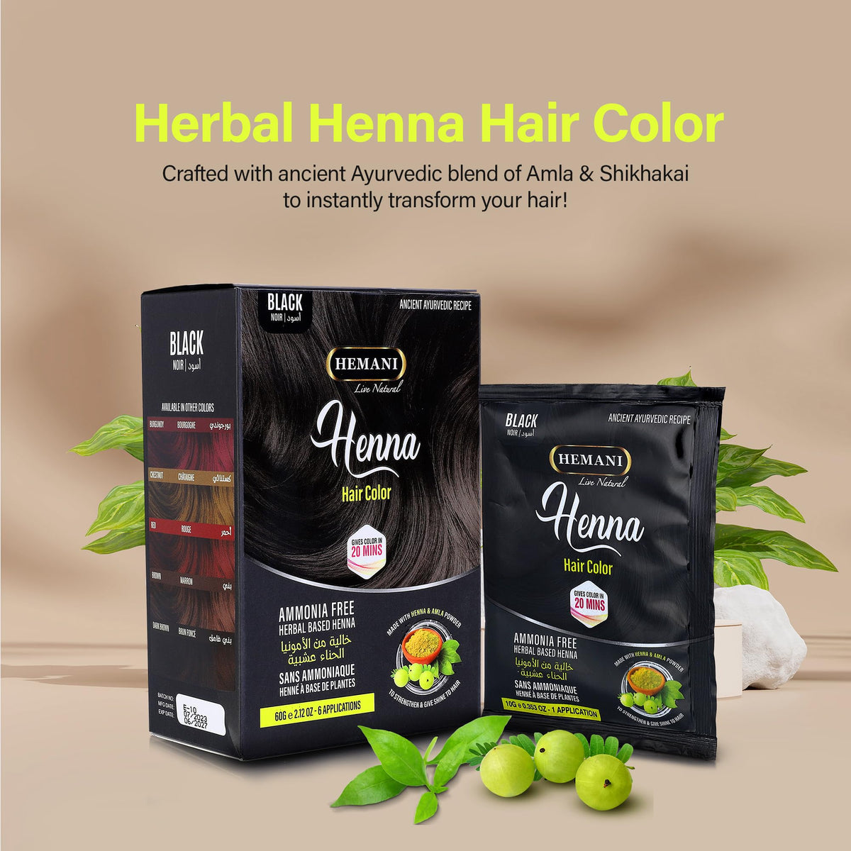 HEMANI Hair Henna Color 2.12 OZ (60g) 6 Applications, Colors in 20 Minutes - Ammonia Free - Herbal Based Henna (Black)