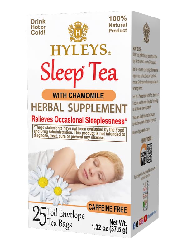 Hyleys Sleep Chamomile Herbal Tea - 25 Tea Bags (Caffeine Free, Gmo Free, Gluten Free, Dairy Free, Sugar Free & 100% Natural, Decaf) Relax, Calming