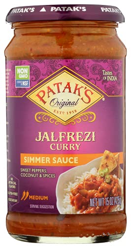 Patak's Jalfrezi Simmer Sauce - 15 Oz (Pack of 3) With Mild Chiles, Sweet Peppers, Tomato and Coconut, No Artificial Flavors, Gluten Free, Vegetarian Friendly