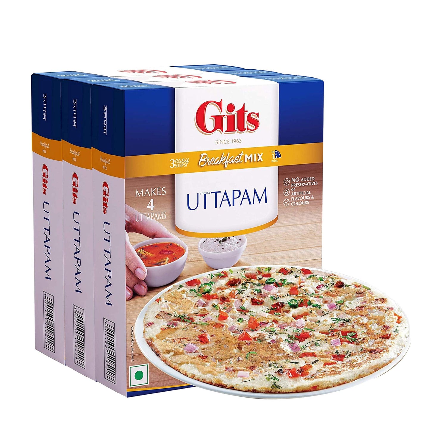 Gits Instant Mix Box - 600gm (Pack of 3 x 200gm) | Ready to Cook Indian Breakfast/Lunch/Dinner/Snack Meal | No Artificial Colors, Flavors, Preservatives, 100% Vegetarian, Easy Recipe (Uttapam)