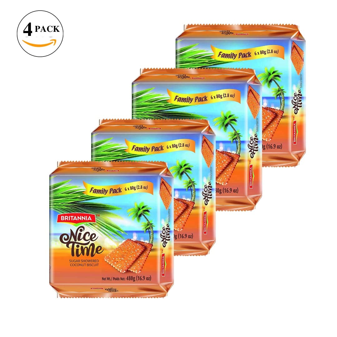 BRITANNIA Nice Time 16.9oz (480g) - Delicious Coconut Biscuit Crunchy - Kids Favorite Breakfast & Tea Time Snacks - Halal and Suitable for Vegetarians (Pack of 4)