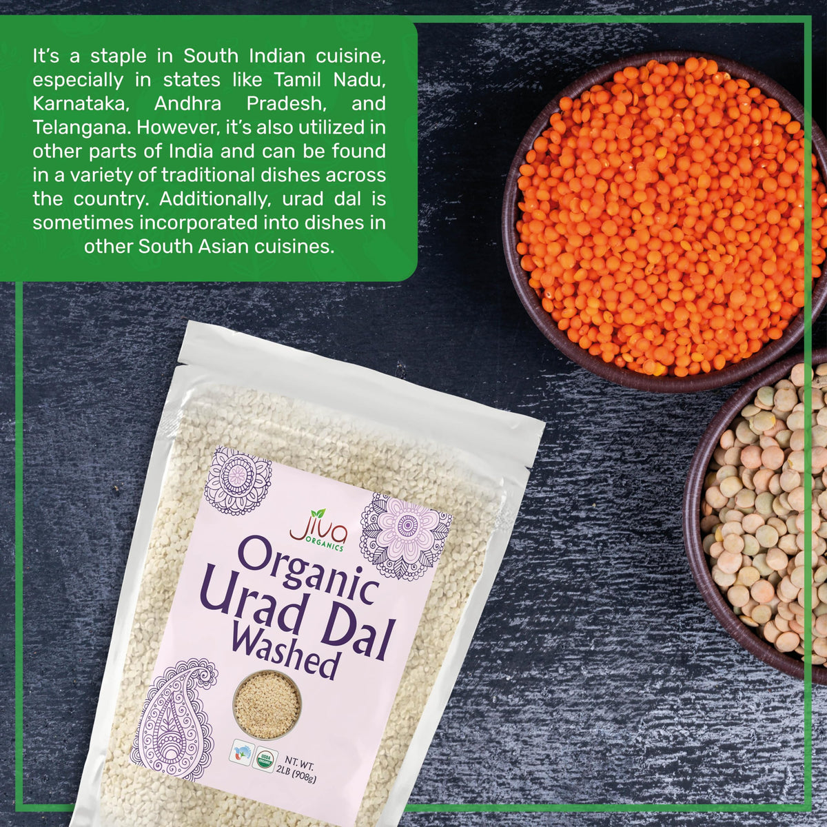Jiva USDA Organics Urad Dal (Split Matpe Beans) 2 Pound - NEW Packaging!