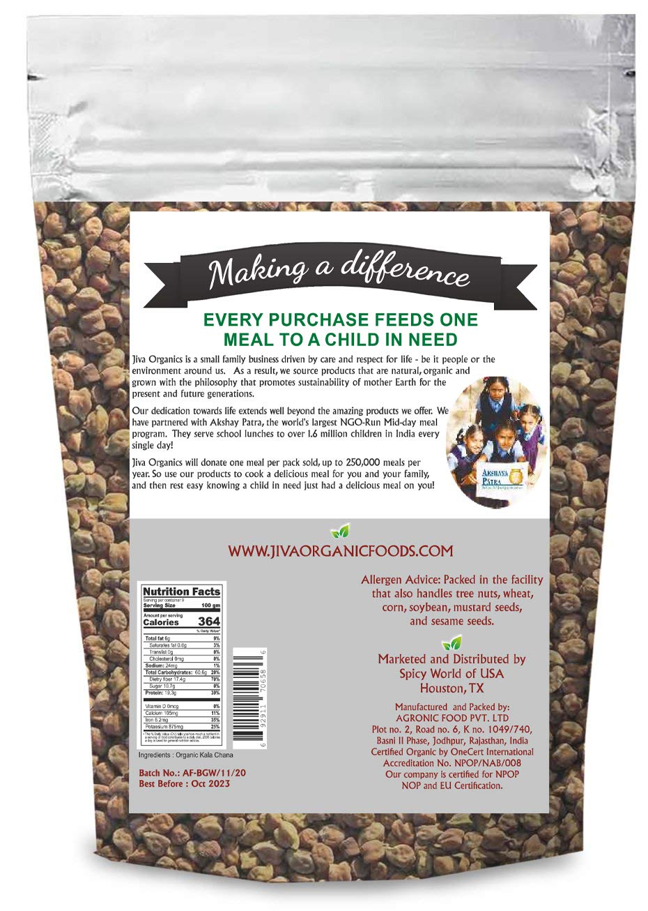 Jiva Organics Organic Kala Chana 2 Pound Bulk Bag - Black Gram, Desi Black Chickpeas, 100% Natural & Non-GMO