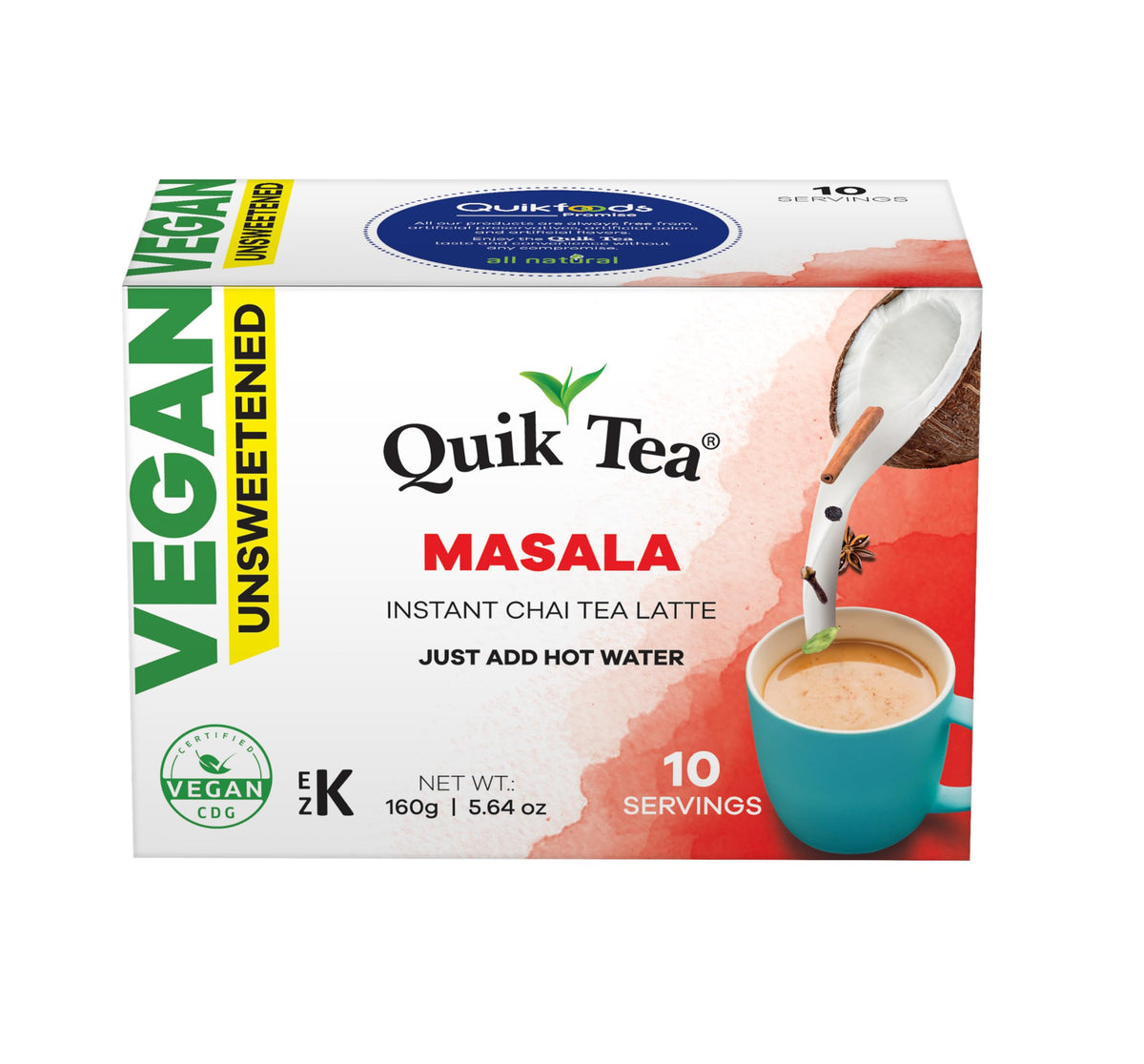 QuikTea Vegan Unsweetened Masala Instant Chai Tea Latte - 10 Count Single Box - Indian Tea