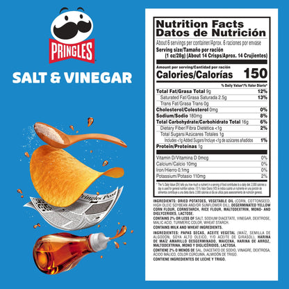 Pringles Potato Crisps Chips, Lunch Snacks, On-The-Go Snacks, Salt and Vinegar, 5.5oz Can (1 Can)