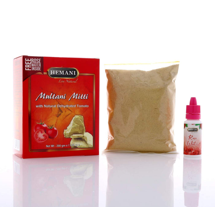 Hemani Multani Mitti with Dehydrated Tomato 200g (7.1 OZ) - Fuller's Earth - Nature's Skin Cleanser - with FREE Rose Water in Box