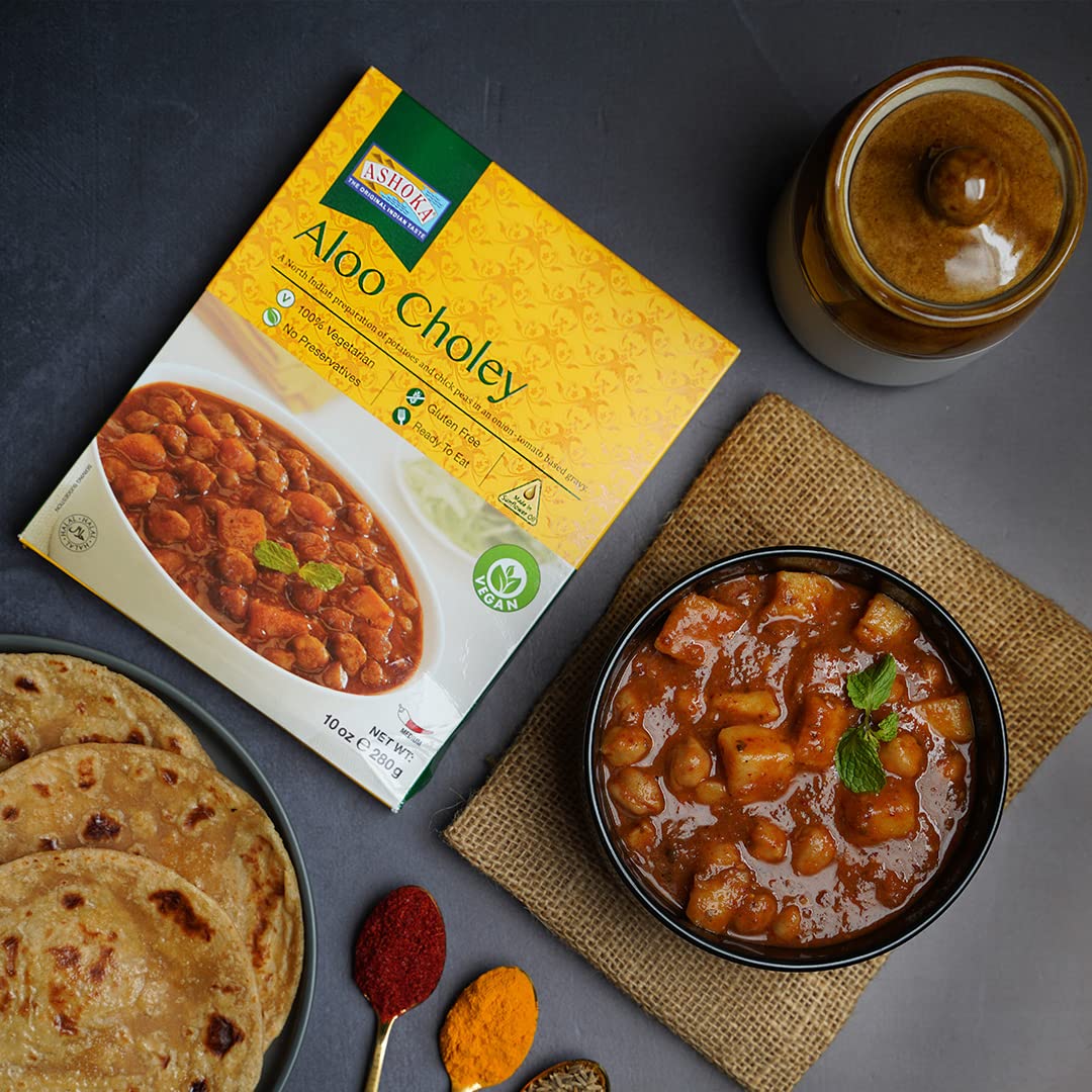 Ashoka Microwavable Meals 1932, Vegan Chickpeas & Potatoes, All-Natural, Heat & Serve Meals, Aloo Choley, Real Indian Cuisine, Travel Friendly Meals, Gluten-Free & with No Preservatives, Pack of 10