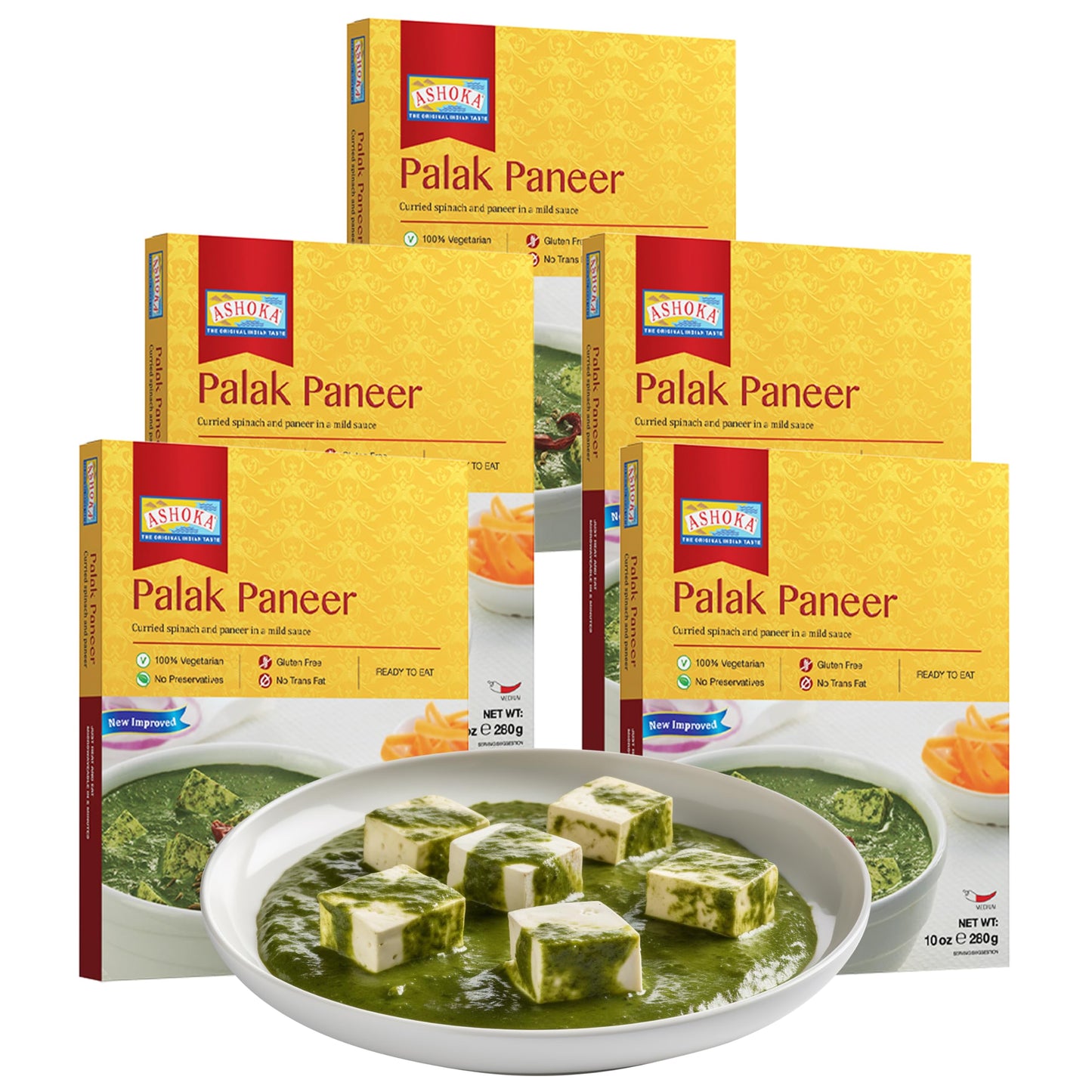 Ashoka Ready to Eat Indian Meals Since 1930, 100% Vegetarian Palak Paneer, All-Natural Traditionally Cooked Indian Food, Plant-Based, Gluten-Free and with No Preservatives, 10 Ounce (Pack of 5)