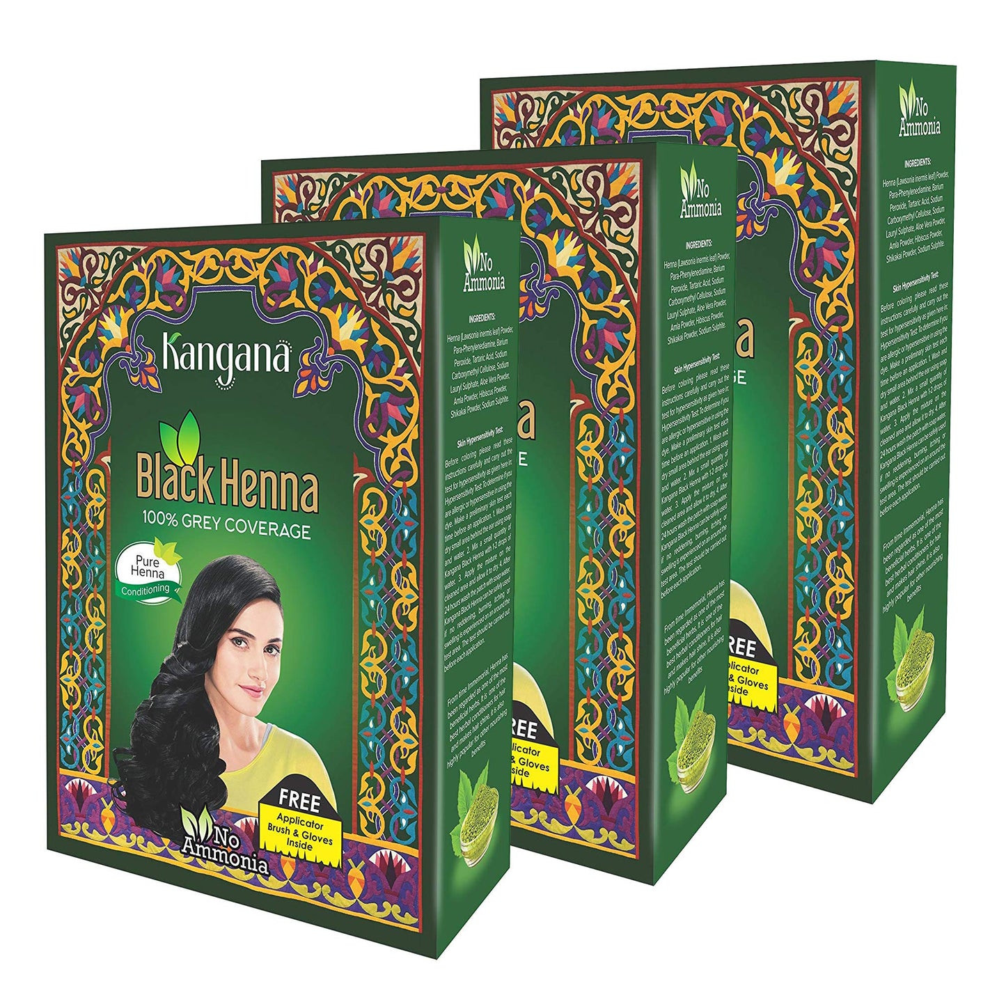 KANGANA Natural Black Henna Powder for Hair Dye/Color, 100% Grey Coverage, Chemical Free, Pack of 3