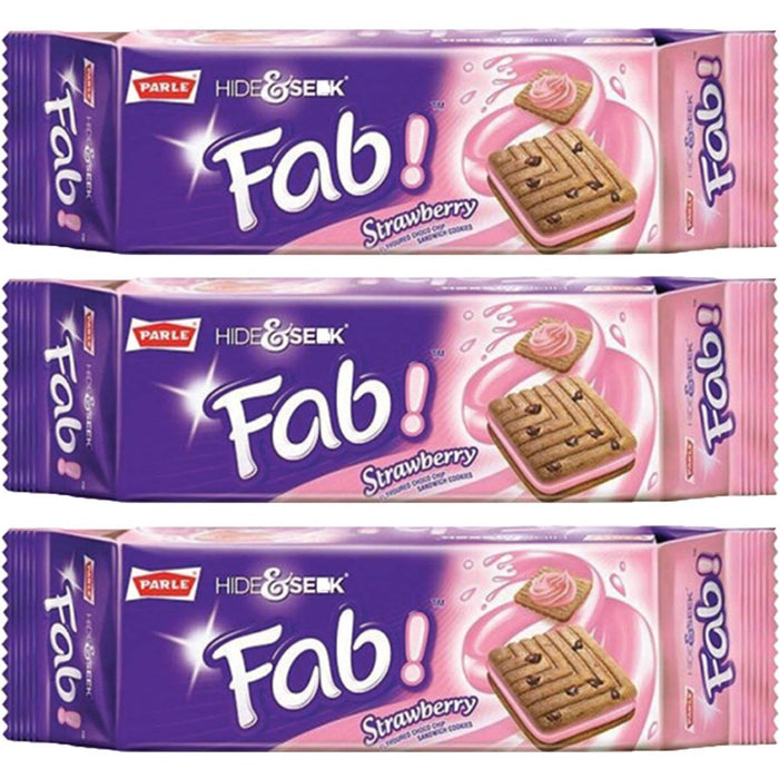 Parle Hide and Seek, Fab! Flavored Chocolate Chip Covered Cookies, Product of India, 3 Packs (Strawberry)