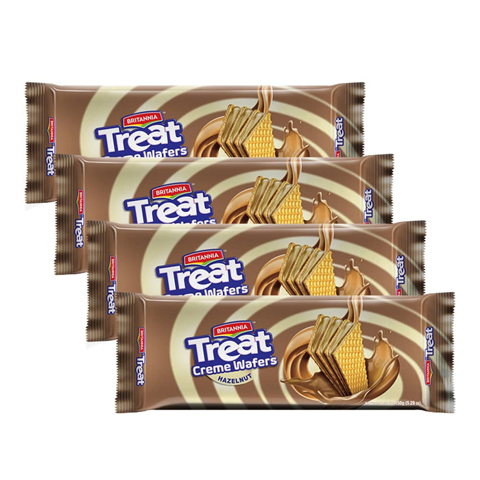 BRITANNIA Treat Wafer Hazelnut 5.29oz (150g) - Breakfast & Tea Time Snacks - Crunchy, Healthy and Delicious - Halal and Suitable for Vegetarians (Pack of 4)