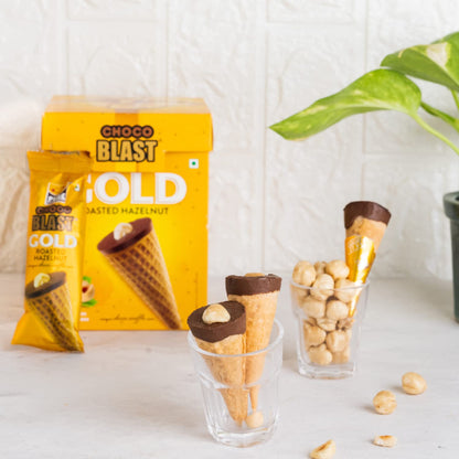 Pure Temptation Chocoblast Gold Hazelnut Chocolate Cone Bites- Chocolate Filled Waffle Cone Tips- Delicious Ice Cream Cone Ends Candy For Snacks & Dessert- Pack Of 1 (10 Individually Wrapped Pieces)