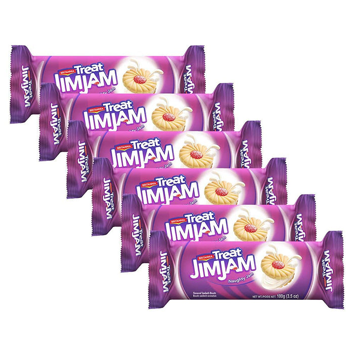 BRITANNIA Treat Naughty Jim Jam Sandwich Biscuits 3.52oz (100g) - Breakfast & Tea Time Snacks - Delicious Grocery Cookies - Suitable for Vegetarians (Pack of 6)