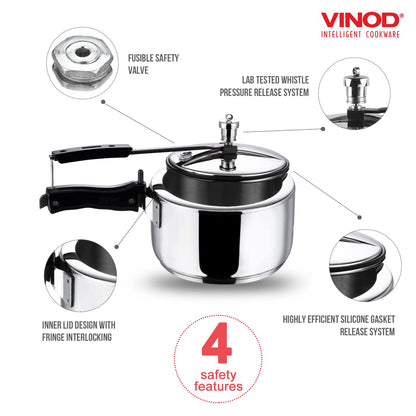 Vinod Pressure Cooker Stainless Steel Inner Lid - 3 Liter Sandwich Bottom Indian Pressure Cooker Induction Friendly Cooker Best Used For Indian Cooking, Soups, and Rice Recipes, Quinoa