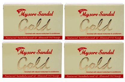 Mysore Sandal Gold Soap, 125 Grams Per Unit (Pack of 4) - Purest Sandalwood Soap - Grade 1 Soap - TFM 80% - Suitable for ALL Skin Type - Zero Dryness - Natural Sandalwood & Almond Oil Soap