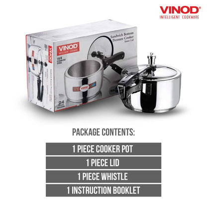 Vinod Pressure Cooker Stainless Steel Inner Lid - 3 Liter Sandwich Bottom Indian Pressure Cooker Induction Friendly Cooker Best Used For Indian Cooking, Soups, and Rice Recipes, Quinoa