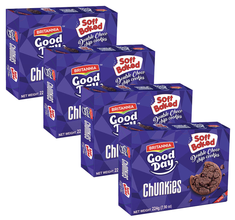 BRITANNIA Good Day Chunkies 7.90oz (224g) - Soft Baked Double Chocochips Cookies - Healthy, Delicious & Crispy - Halal and Suitable for Vegetarians (Pack of 4)