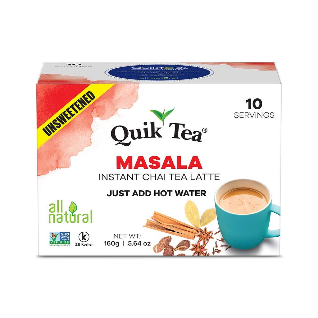 QuikTea Unsweetened Masala Chai Tea Latte - 20 Count (2 Boxes of 10 Each) - Packaging May Vary - All Natural Preservative Free Authentic Chai from Assam & Darjeeling