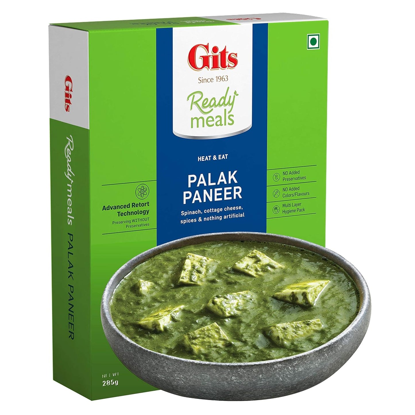 Gits Ready to Eat Palak Paneer, Pure Veg, Heat and Eat Indian Dish, Microwaveable, 285g