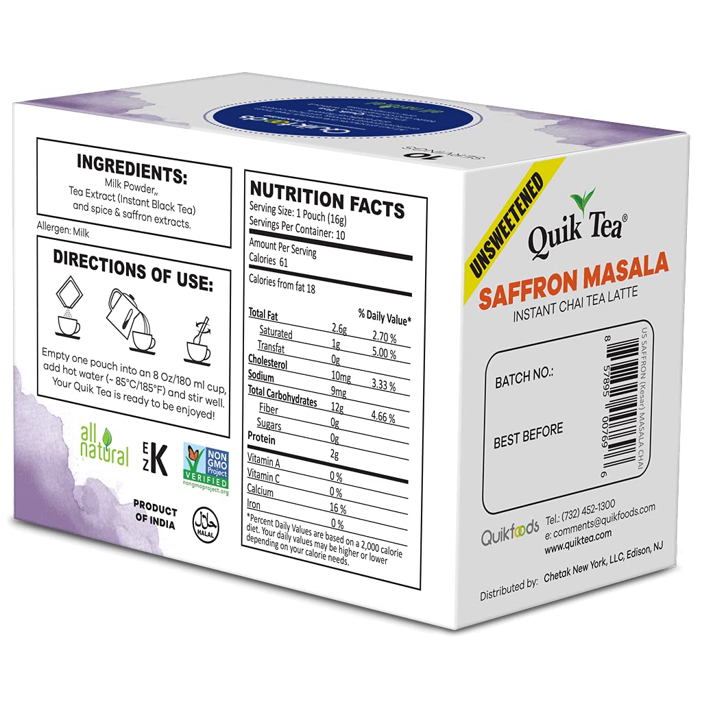 QuikTea Saffron Masala Chai Tea Latte - 10 Count Single Box - Non GMO All Natural Wellness Comfort Tea (Unsweetened)