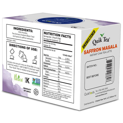 QuikTea Saffron Masala Chai Tea Latte - 10 Count Single Box - Non GMO All Natural Wellness Comfort Tea (Unsweetened)
