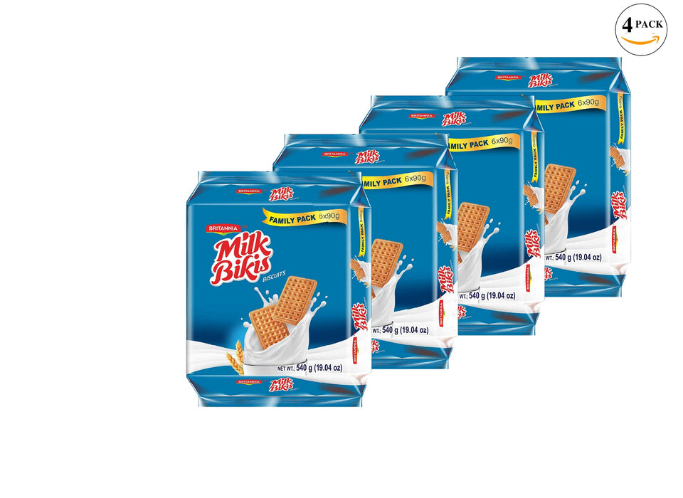 BRITANNIA Milk Bikis Biscuits 19.04oz (540g) - Kids Favorite Breakfast & Tea Time Snacks - Halal and Suitable for Vegetarians (Pack of 4)