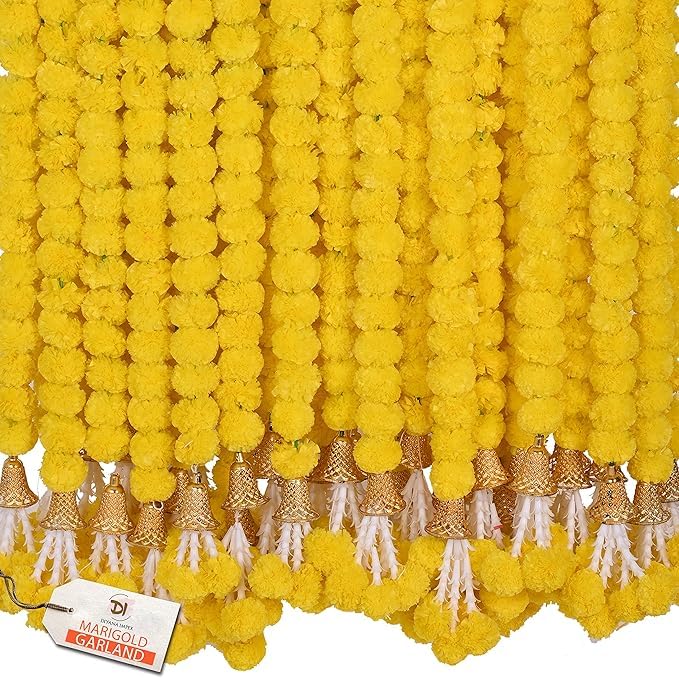 Marigold Garland for Decoration 5 Pcs of 5 feet Long Strands Artificial Marigold Flowers with Bell, Indian Décor for Pooja/Diwali/Wedding/Christmas (Yellow)