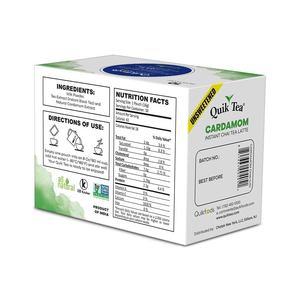 QuikTea Unsweetened Cardamom Chai Tea Latte - 20 Count - All Natural Preservative Free Authentic Chai from Assam & Darjeeling
