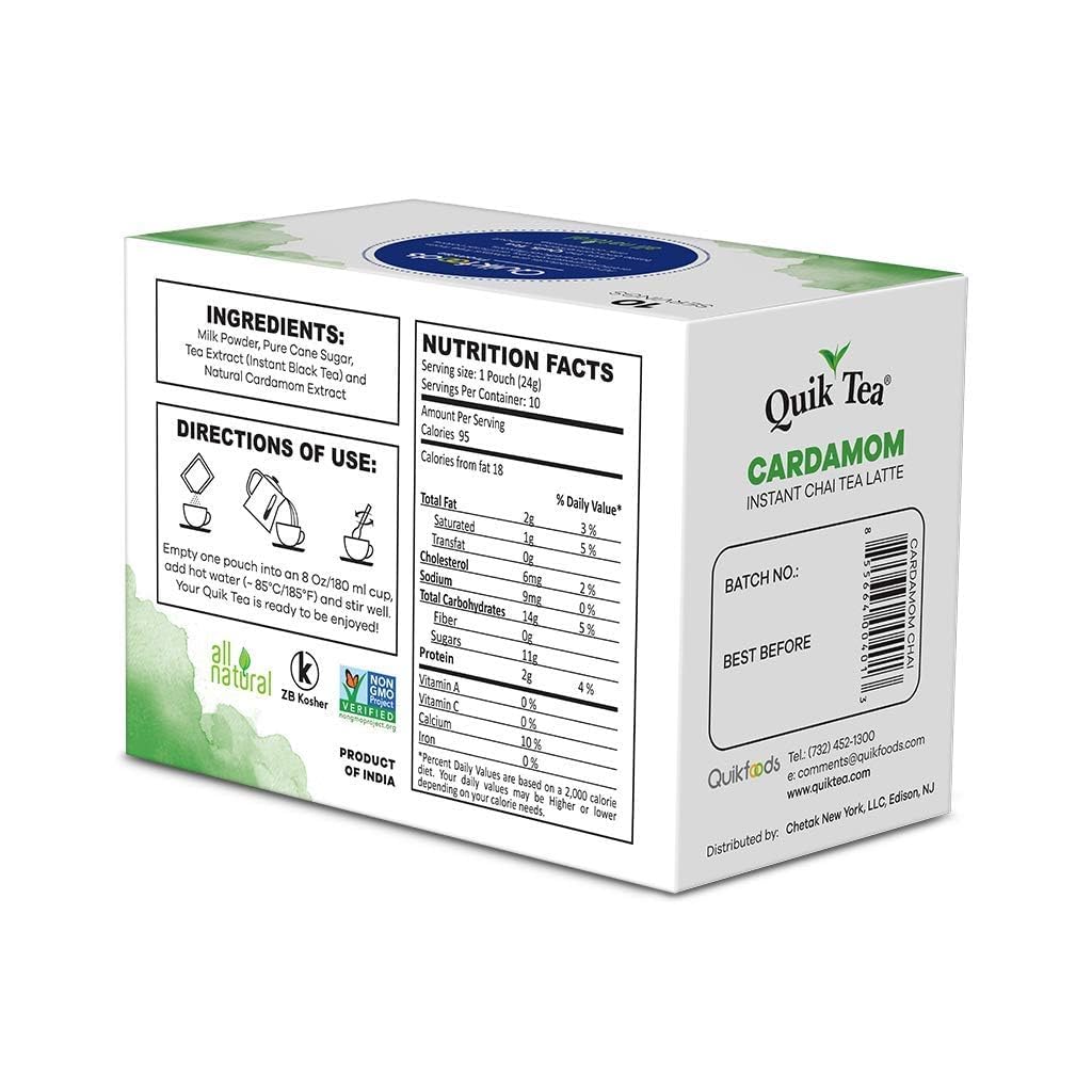 QuikTea Cardamom Chai Tea Latte - 20 Count (2 Boxes of 10 Each) - All Natural & Preservative Free Authentic Instant Chai