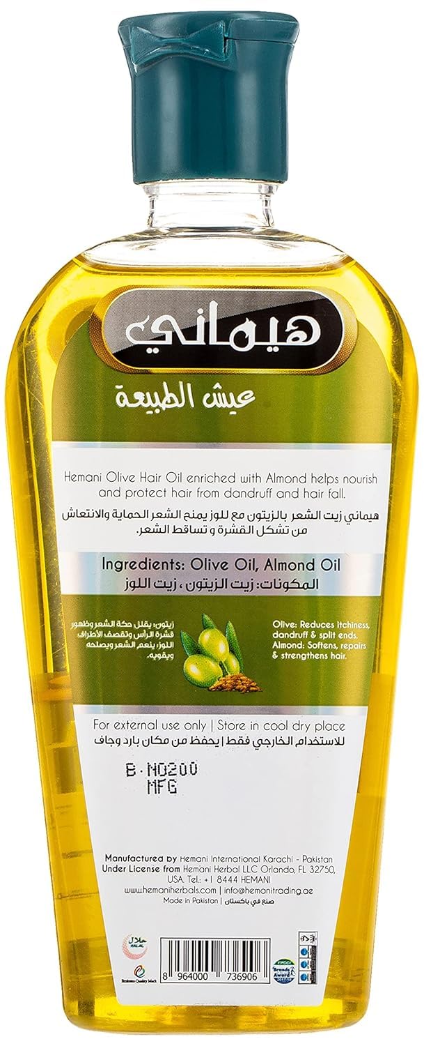 Hemani Hair Oil 200mL (6.76 FL OZ) Natural Solution for Strong and Shiny Hair (Olive with Almond)