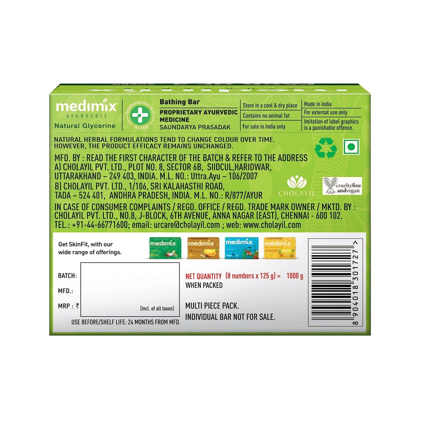 Medimix Ayurvedic Natural Glycerine Bathing Bar, 125 g (Pack of 8)