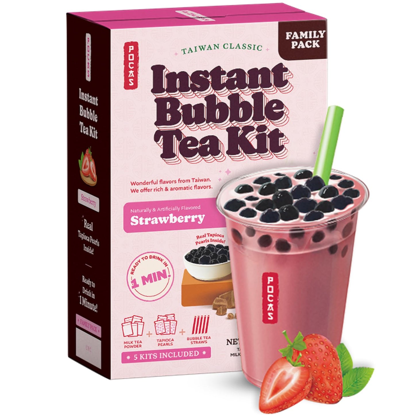 Pocas Bubble Tea Kit, Strawberry Instant Milk Tea Powder with Authentic Tapioca Pearls for Instant Bubble Tea, 5 Kits