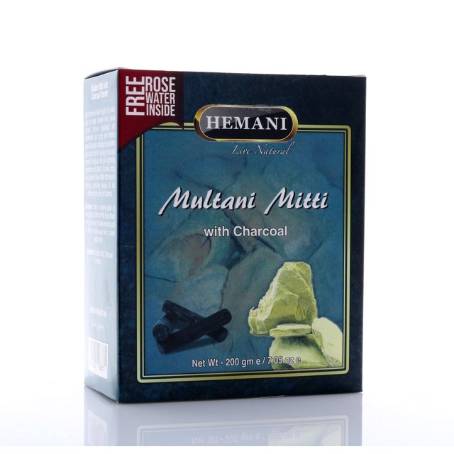 HEMANI Multani Mitti with Charcoal Powder 200g (7.1 OZ) - Fuller's Earth - Nature's Skin Cleanser - with FREE Rose Water in Box