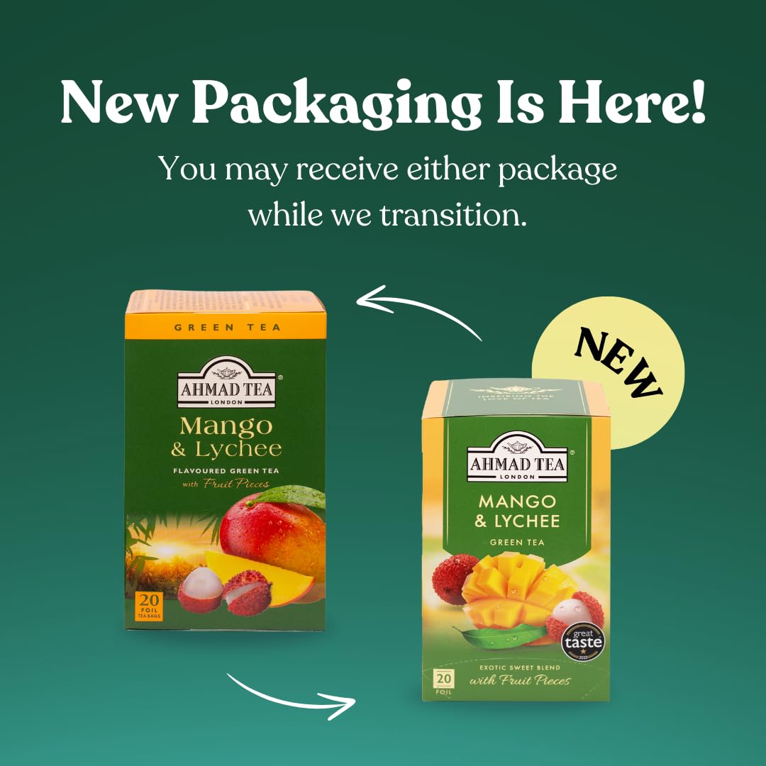 Ahmad Tea Green Tea, Mango & Lychee Teabags, 20 ct (Pack of 1) - Caffeinated & Sugar-Free