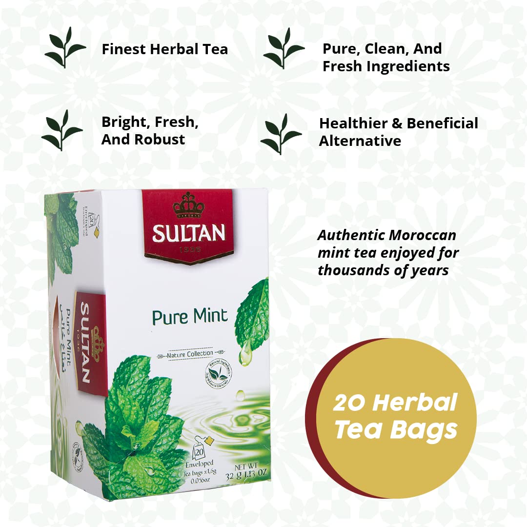 SULTAN TEA Moroccan Green Tea with Pure Mint & Tiznit Herbal Green Teas (Single Pack - 20 Tea Bags)