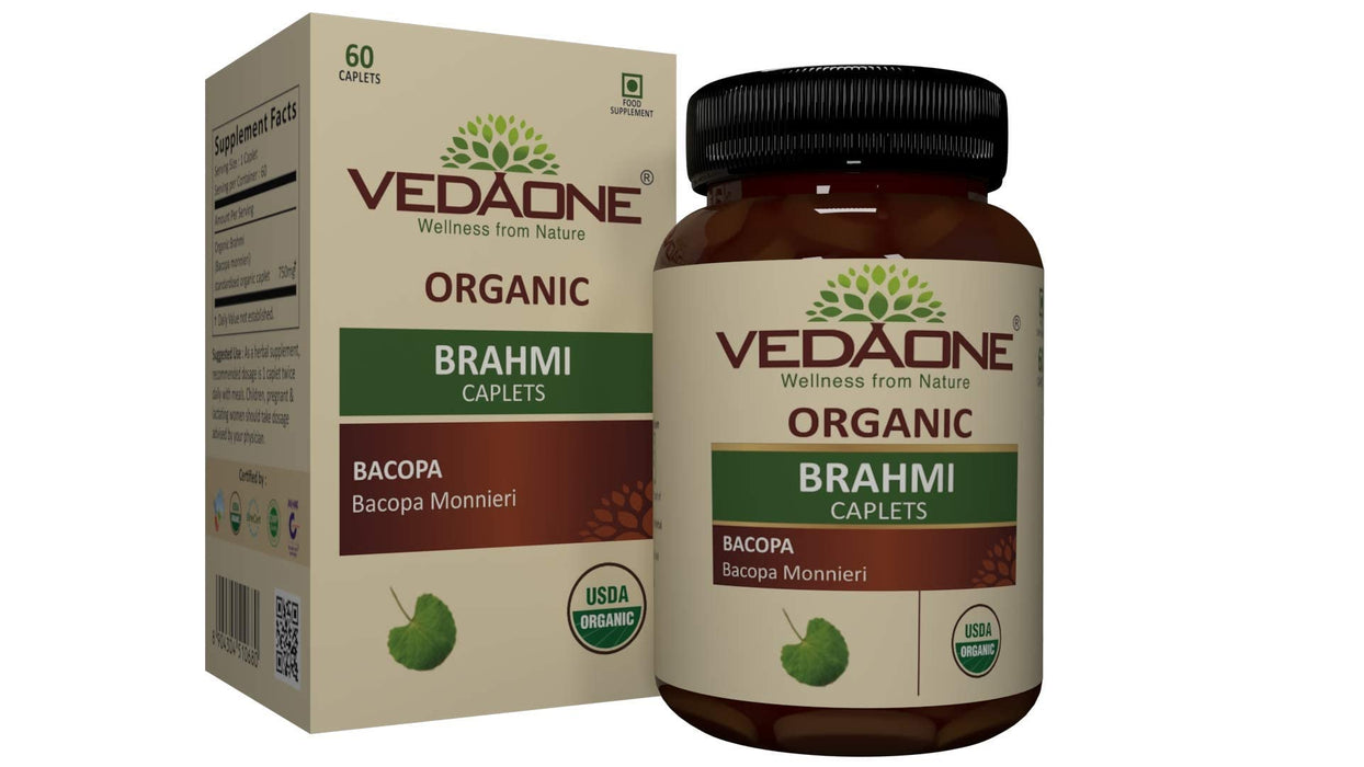 Vedaone Organic Bacopa/Brahmi, 60 Caplets for Mental Alertness, Cognitive Health & Memory Support - Vedaone,White