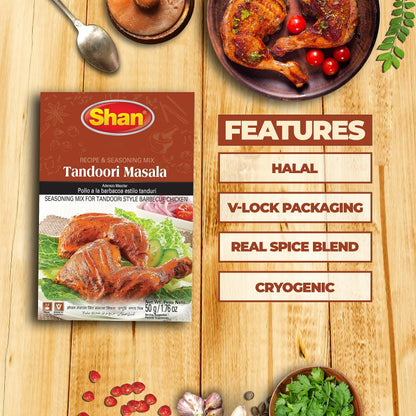 Shan - Tandoori Masala Seasoning Mix (50g) - Spice Packets for Tandoori Style Chicken (Pack of 6)