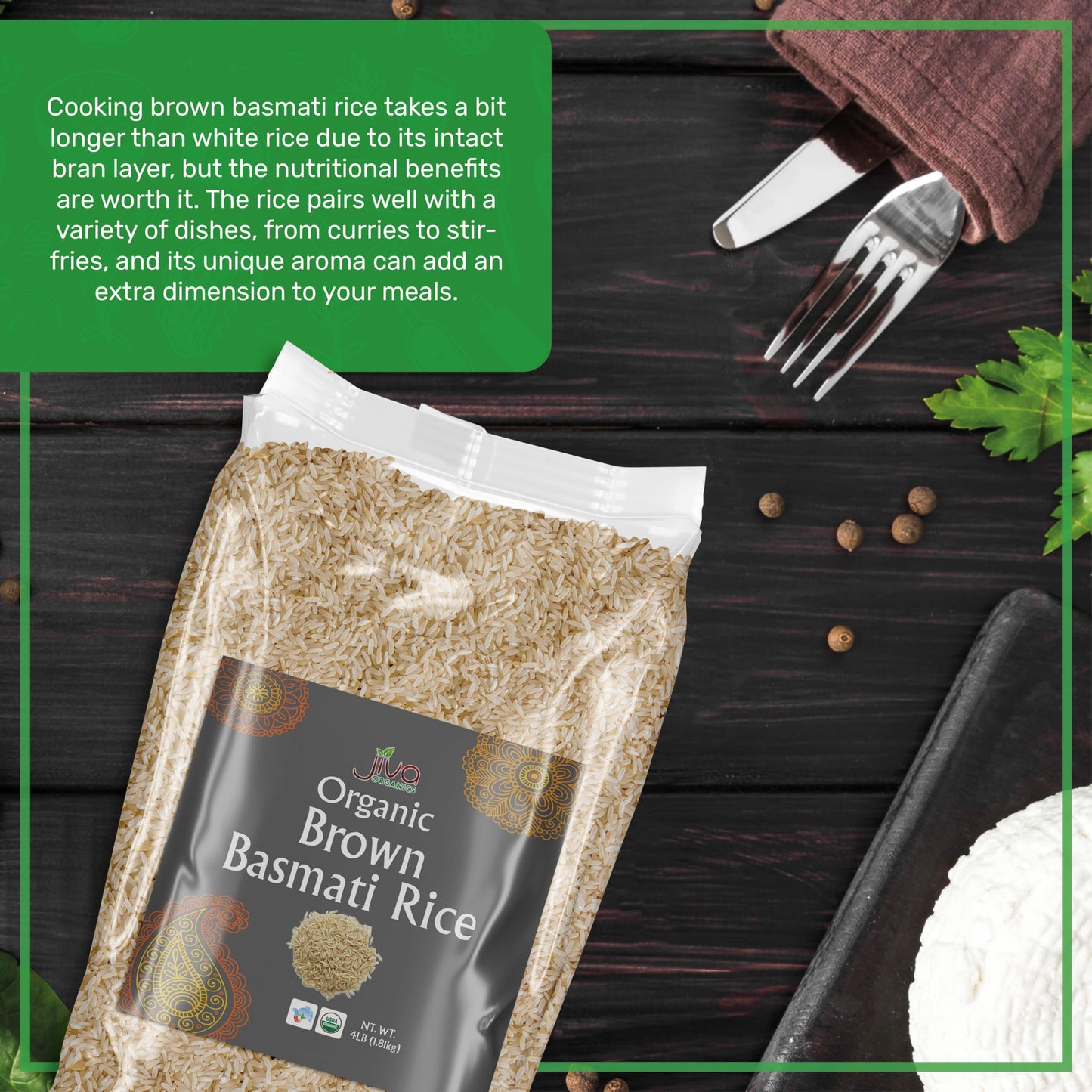 Jiva Organic Brown Basmati Rice 4 Pound Bag - Premium Quality from India