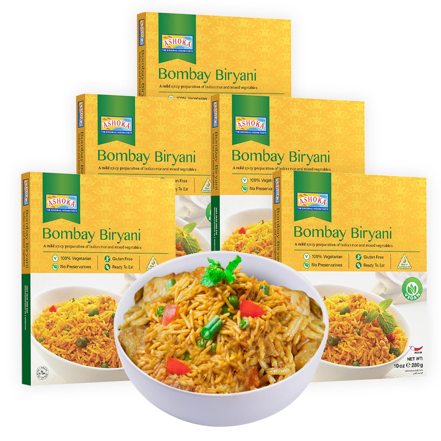 Ashoka Ready to Eat Microwavable Rice Since 1930, 100% Vegan Bombay Biryani, All-Natural Instant Rice, Plant-Based, Gluten Free, and with No Preservatives, 10 Ounce (Pack of 5)