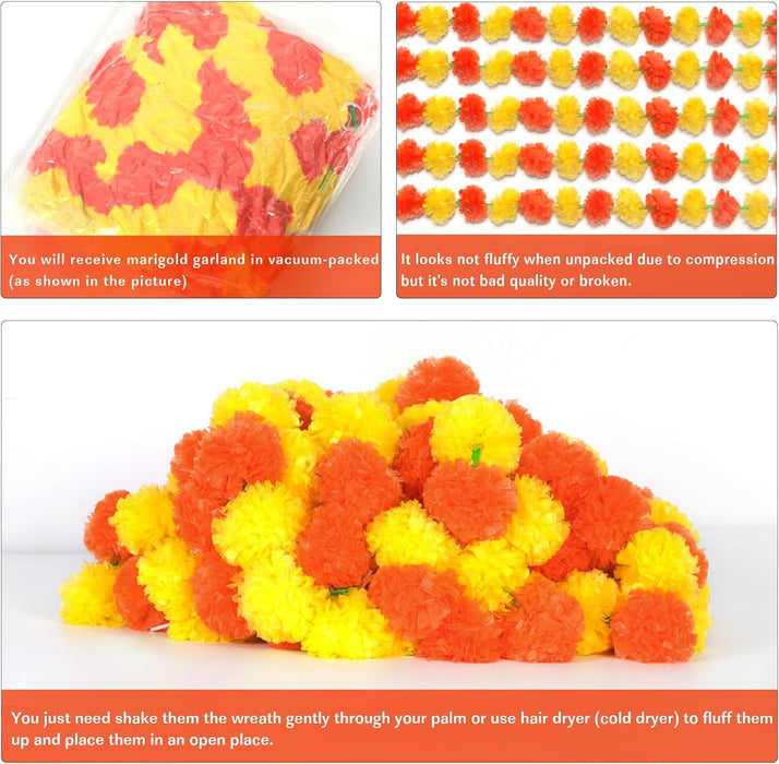 5Pcs Marigold Garland for Decoration, 5 Feet Artificial Marigold Flowers Diwali Decorations for Home, Orange and Yellow Artificial Marigold Heads for Diwali Party,Indian Weddings, Halloween,Wreath