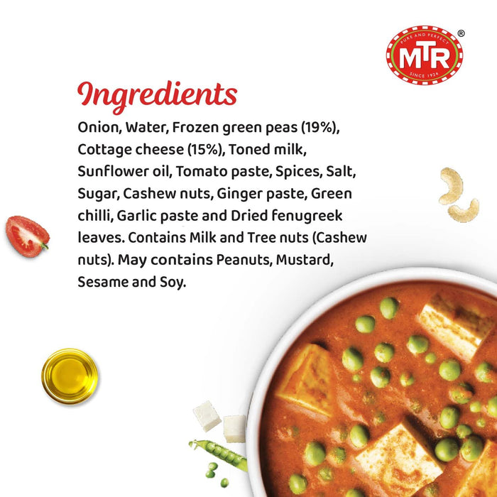 MTR Ready to Eat Mutter Paneer Masala | Spiced Green Peas and Cottage Cheese in Gravy | Pack of 6 (10.58 Oz Each) | Authentic Indian Food | Medium Spicy | Just Heat and Eat | No Preparation | No additives | Gluten Free