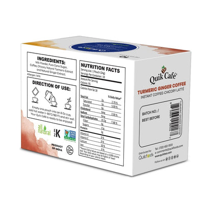 Quik Caf Turmeric Ginger Coffee - 100 Count (10 Boxes of 10 Each) - All Natural Instant Golden Coffee