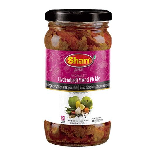 Shan Hyderabadi Mixed Pickle 10.58 oz (300g) - Hot and Spicy Mixed Vegetables Pickled in Oil  - Airtight Pet Jar