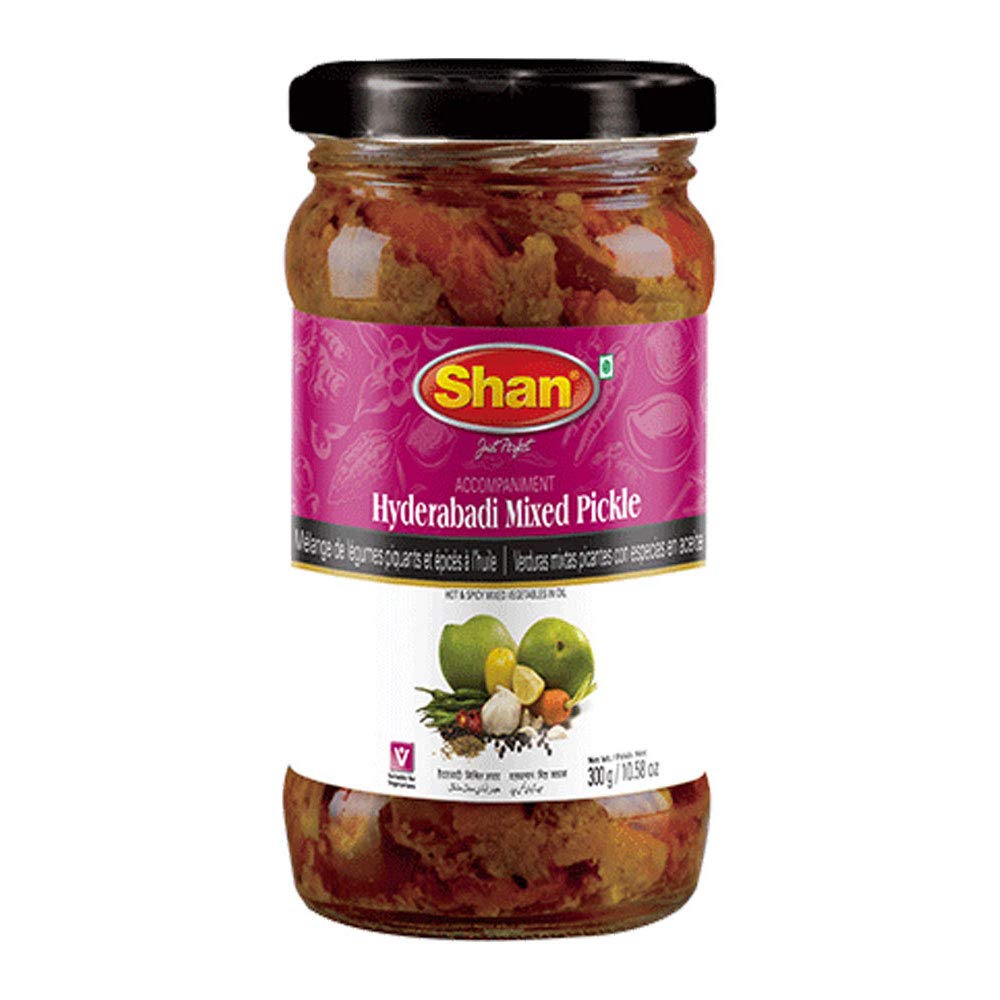 Shan Hyderabadi Mixed Pickle 10.58 oz (300g) - Hot and Spicy Mixed Vegetables Pickled in Oil - Airtight Pet Jar